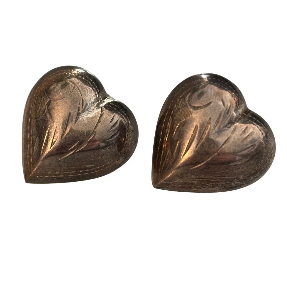 Vintage Sterling Silver 925 Thai Puffy Heart Stud Earrings